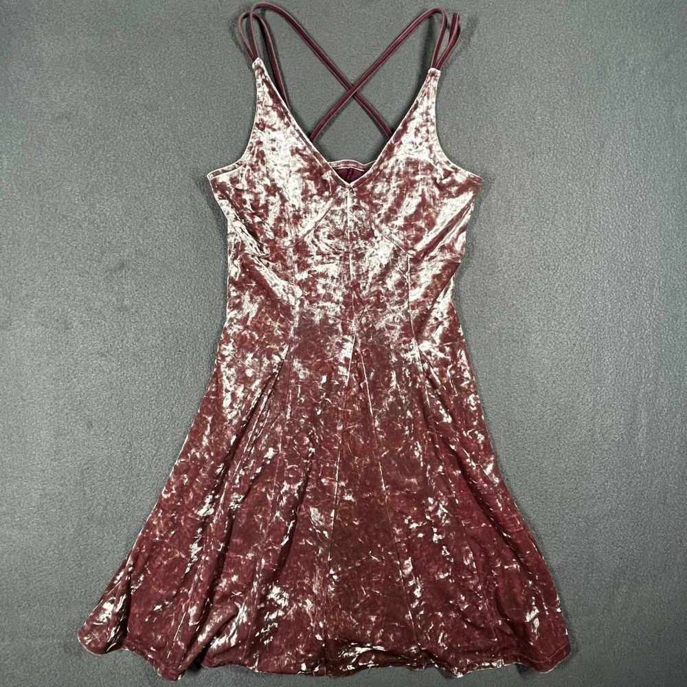 American Eagle Crushed Velvet Skater Dress XS Maroon Fit & Flare Mini Party Y2K